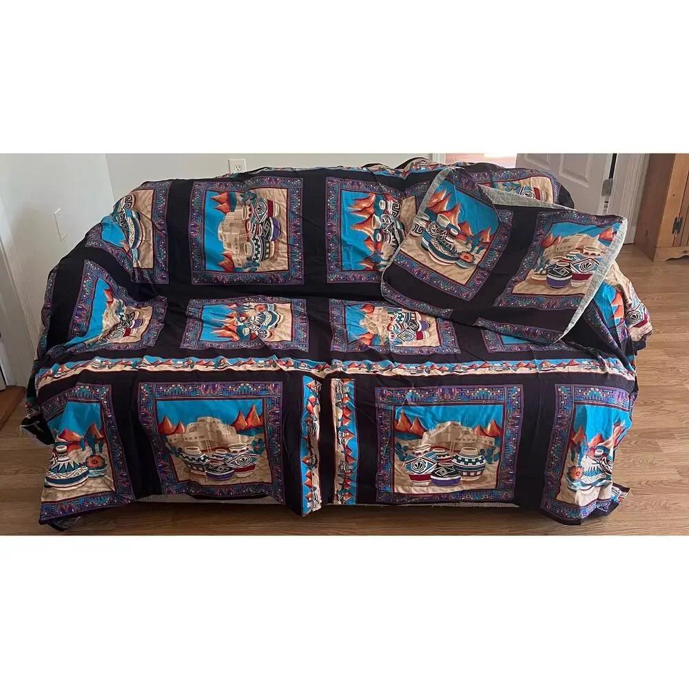 Vintage Cranston Print Works Aztec Southwestern Love Seat Slip Cover & Pillow